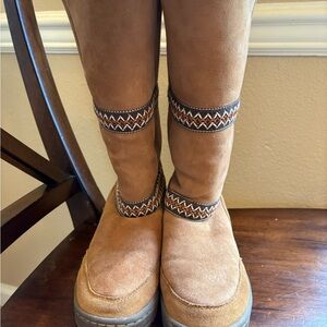 Ugg Sundance Ultra Tall Revival Chestnut Brown Suede Boots with Patterned Trim
